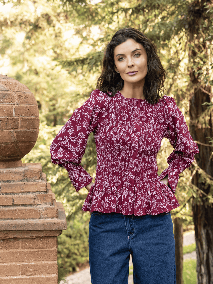 Blusa panal flores burdeo